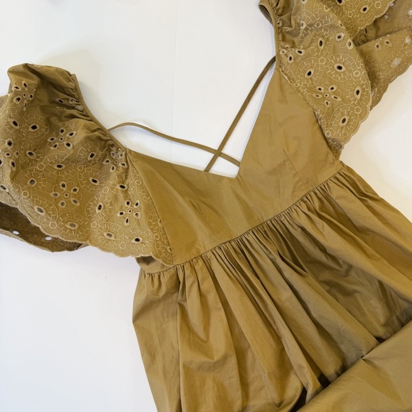 En Saison Anthropologie Dress Womens Medium Khaki Tan Eyelet Poplin Midi - Picture 4 of 11